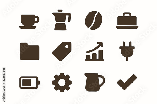 Pot espresso small grid bean icon gear folder jug battery milk vector