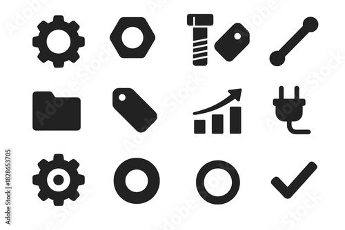 Tag battery chart rod nut bolt vector set checkmark icon mechanical plug