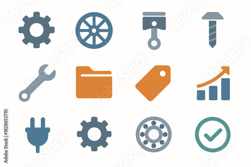 Icons mechanical tag wheel bearing screw set piston folder icon gear plug