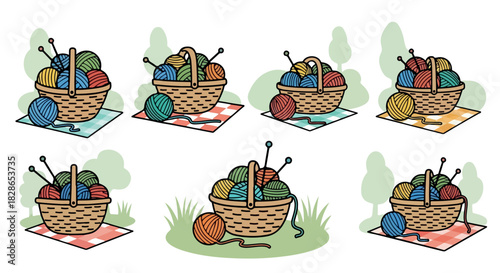 Knitting supplies in baskets with picnic blankets