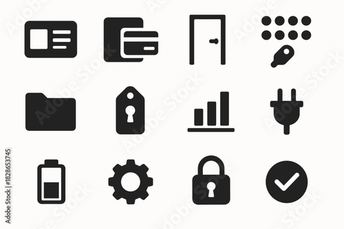 Plug scanner vector keypad icon gear folder security checkmark minimal chart icons