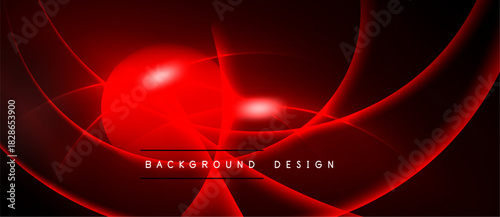 Abstract red design features glowing lines, curves, sphere. Dark background emphasizes bright elements, creating dynamic visual impact.