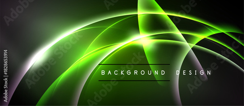 Abstract green neon lines create dynamic flow. Dark background emphasizes bright curves, modern design element.