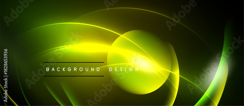 Abstract neon lines create dynamic curves, glowing shapes. Dark background enhances vibrant yellow, green illumination. Modern design element.