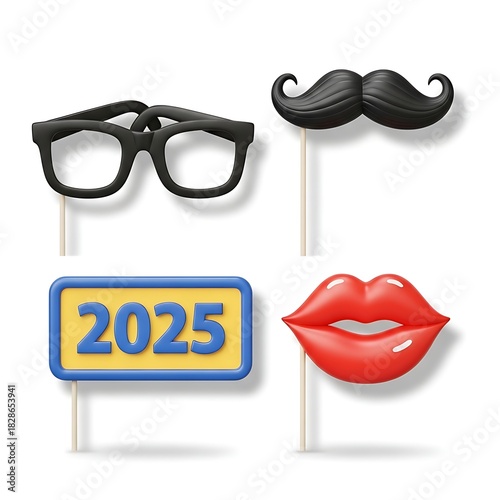 Photo booth party props set with glasses mustache 2025 sign and red lips for New Year celebrations.