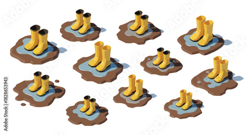 Yellow rain boots in muddy puddles