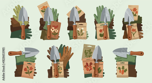 Gardening tools and seedlings set with hands