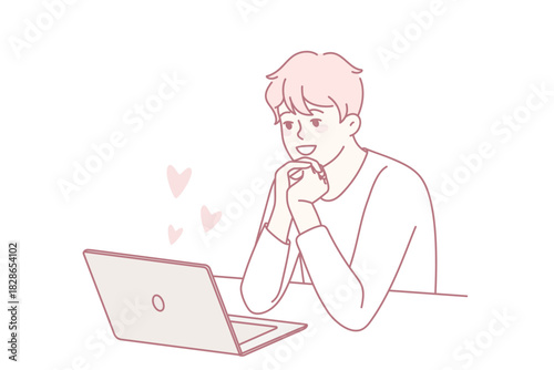 Happy man sit at desk look at laptop screen looking for love. Smiling guy use computer communicate online girlfriend. Relationship on distance. Vector illustration.