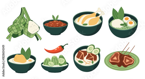 Southeast Asian food collection with bowls and dishes