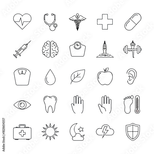 Hand Drawn Medical and Health Doodle Icon Set on White Background.