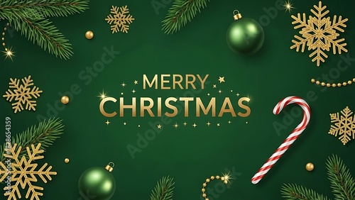 Elegant Merry Christmas green and gold holiday greeting with pine baubles and candy cane.