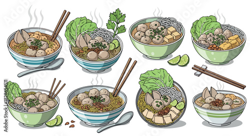 Noodle soup bowls with meatballs and herbs