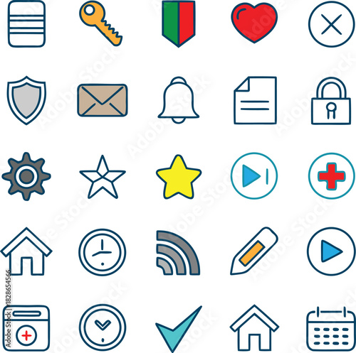 Icons Collection: A comprehensive compilation of user interface icons, meticulously designed in a clean, minimalist style, suitable for various digital applications and websites. 