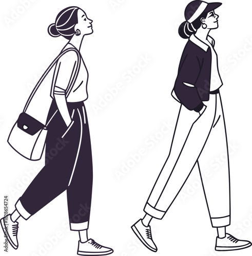 Stylish Strides: Two women walking, embody the spirit of modern fashion and urban lifestyle, each with unique poise, attire, and a confident air.