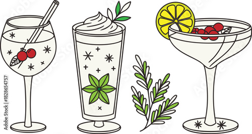 Festive Drinks: An illustrated array of seasonal beverages, each adorned with elegant garnishes, presenting a visual celebration of taste and artistry.