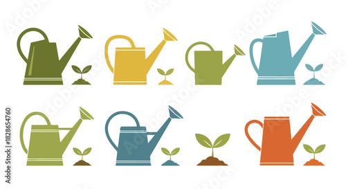 Watering can and seedling icons in various colors