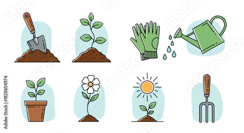 Gardening tools and plants icons set