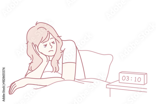 woman awake lying in bed with clock showing restless expression and pillow hugged while staring into darkness, quiet night atmosphere highlighting insomnia, worry and creative