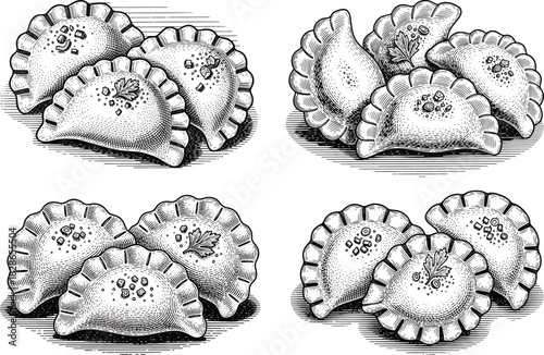 Vintage engraved dumpling icon set featuring detailed folded pastry edges, savory filling texture and classic traditional style
