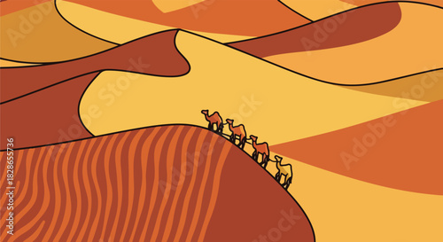 A stylized illustration of a camel caravan traversing a vast, undulating desert landscape with sand dunes in shades of brown and yellow.
