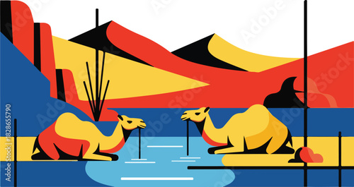 Two camels resting near water in a stylized desert landscape with dunes and mountains.