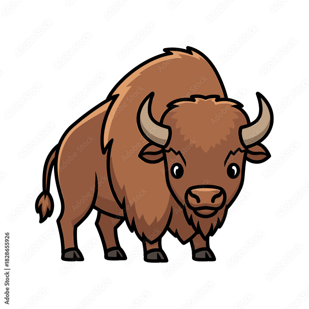 Fototapeta premium Cartoon illustration of a bison standing proudly, facing forward, with a detailed appearance.
