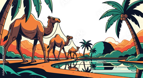 A caravan of three camels walks along a sandy path beside a tranquil oasis with palm trees and distant mountains.