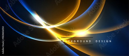Abstract design features flowing golden, blue lines. Bright light radiates from central point against dark backdrop. Modern, dynamic composition.
