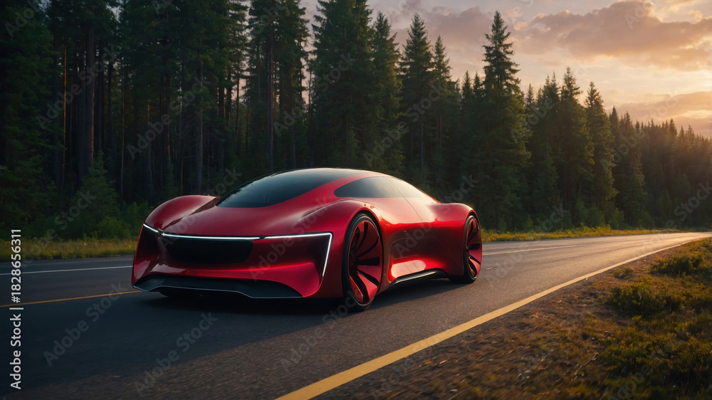 Naklejka premium Sleek red electric car driving on a scenic road through a forest at sunset