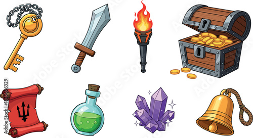 Fantasy RPG icon set with sword, magic potion, treasure chest, key, scroll, crystals and adventure elements