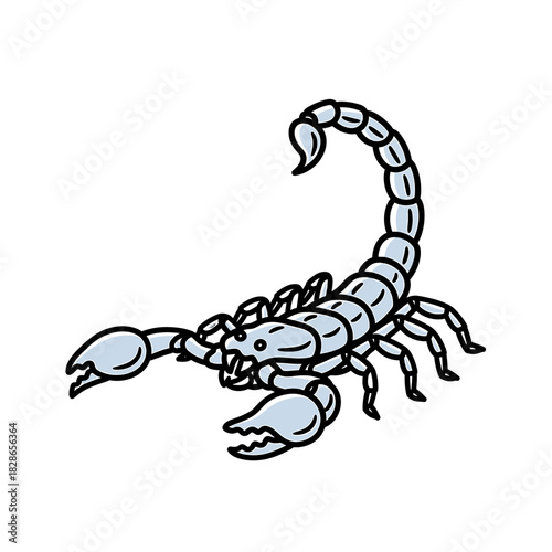 Cartoon illustration of a grey scorpion with raised tail and open pincers, isolated on a white background.