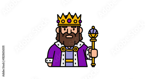 Cartoon King Holding Scepter Wearing Royal Purple Robe.