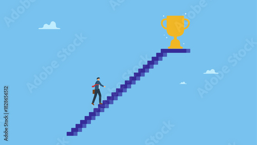 Businessman walk up small step stair to reach trophy reward. Small steps to success, challenge improve career and achieve target, journey, aspiration to reach goal, patience and persistence.