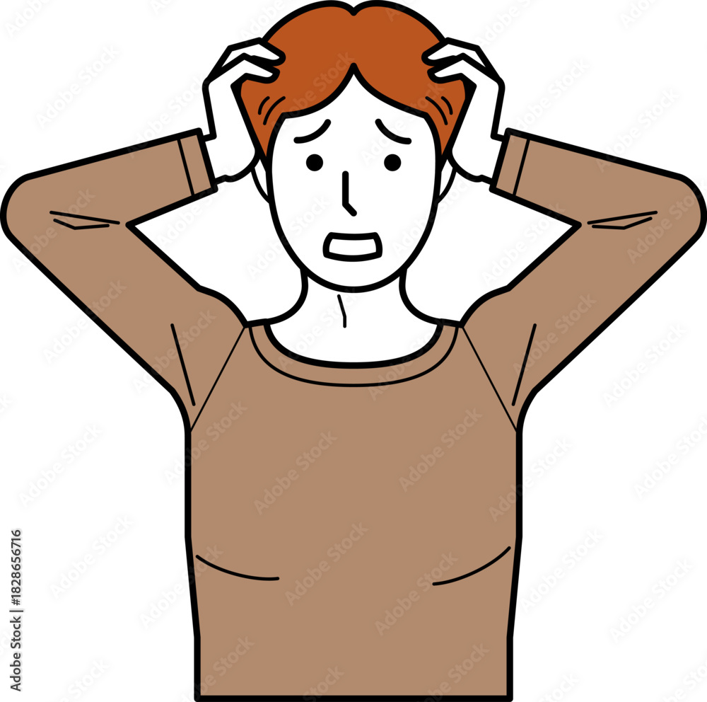 Fototapeta premium 正面向き。頭を抱えるTシャツの若い男性。