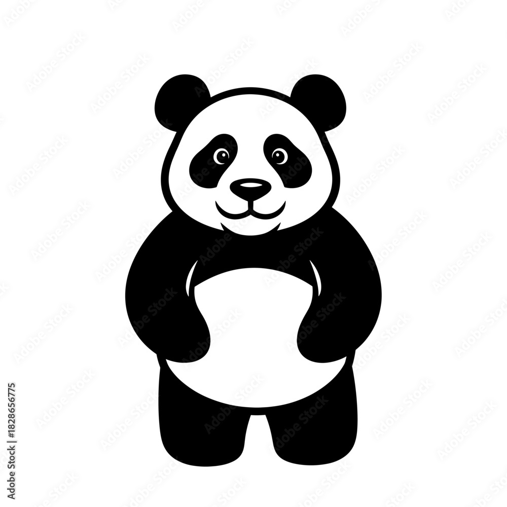 Fototapeta premium A charming cartoon panda bear standing upright, smiling happily against white background.