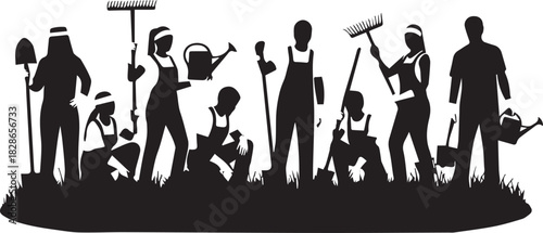 Diverse group of volunteers planting gardening and community service with tools for international volunteer day