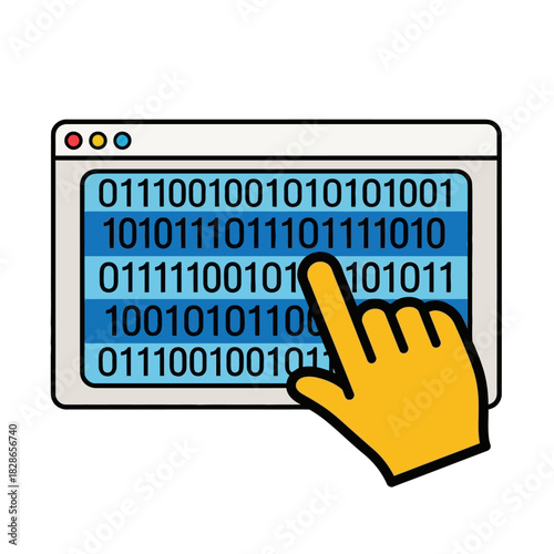 Computer screen displaying binary code with a hand cursor selecting data.