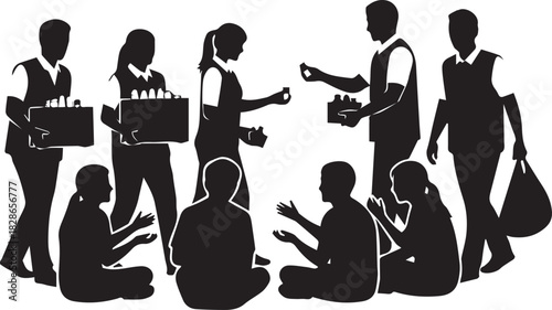 Diverse group of silhouetted people engaging in volunteering and community service activities