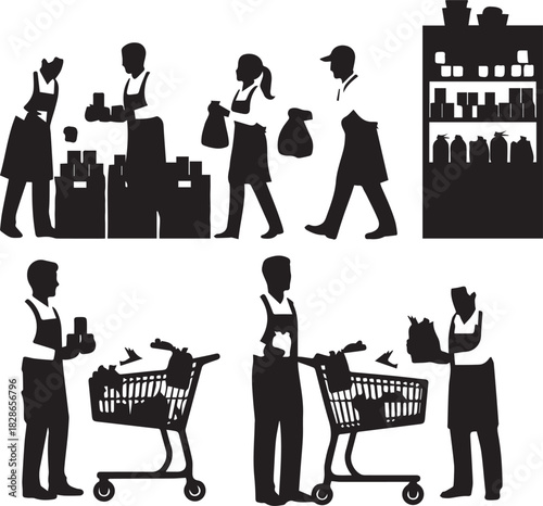 Diverse group of people engaging in grocery shopping and volunteering activities lifestyle