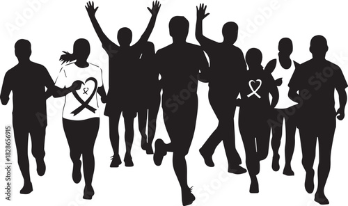 Diverse group of people running together celebrating international volunteer day with raised hands