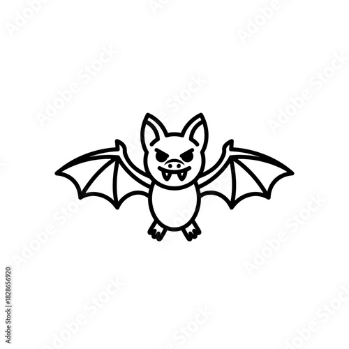 A cartoon-style black line drawing of a bat with an angry expression flying against a white background.