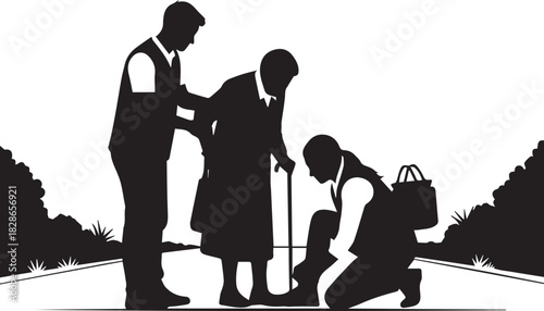 Silhouettes of volunteers helping elderly person on international volunteer day celebration