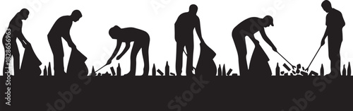 International volunteer day silhouette of people cleaning up nature and picking up trash