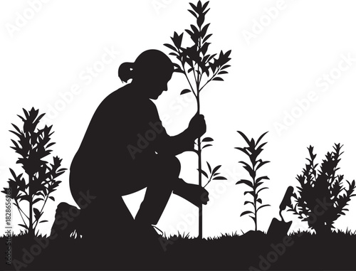 Silhouette of a person planting a sapling on international volunteer day celebrating nature and growth