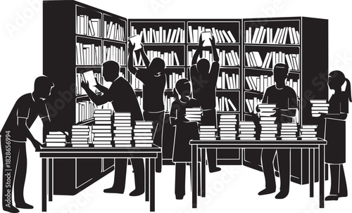 Diverse volunteers organizing books on shelves and tables for international volunteer day celebration