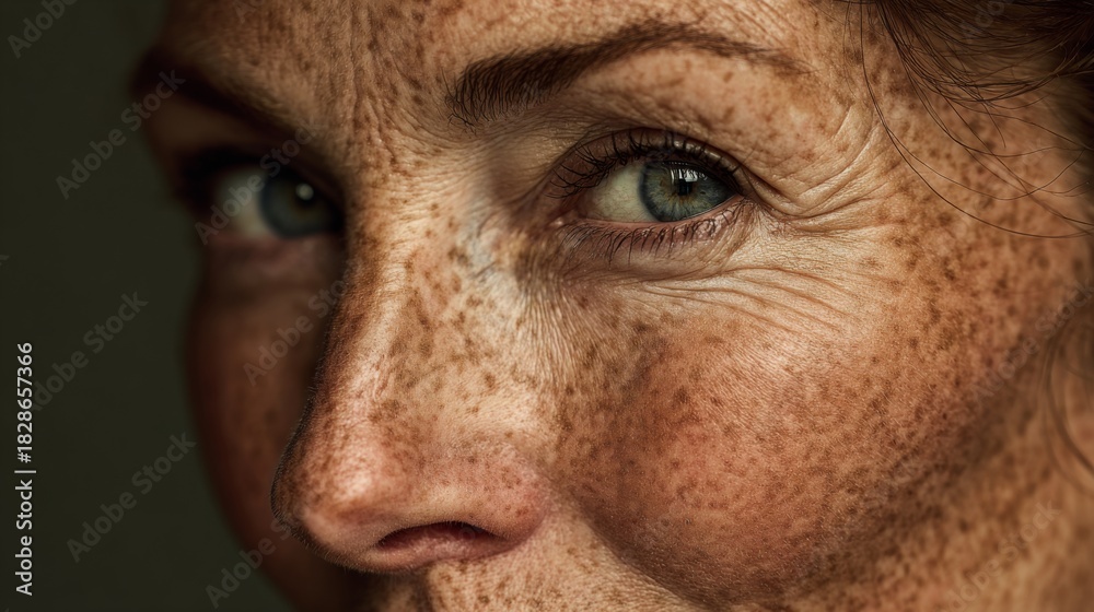 Fototapeta premium Close-up of a woman's face featuring freckles, green eyes, and natural textures showcasing beauty and confidence in a candid portrait style.