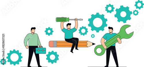 Teamwork concept vector with workers holding tools, gears, large wrench, screwdriver and creativity development illustration