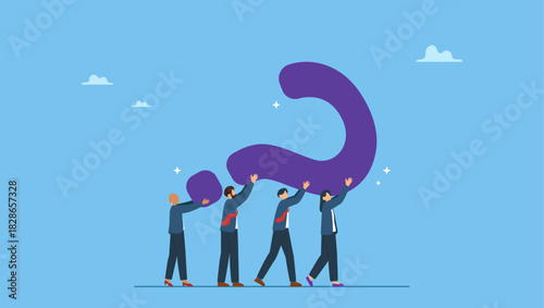 Diverse business people colleagues help carry big question mark. Problem solving, asking question or finding solution for difficulty, teamwork to solve problem or answer, confusion or brainstorm.