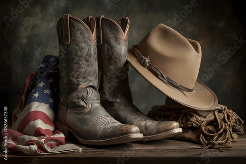 Worn cowboy boots and hat resting on a weathered American flag, symbolizing Western heritage, patriotism, and rural Americana