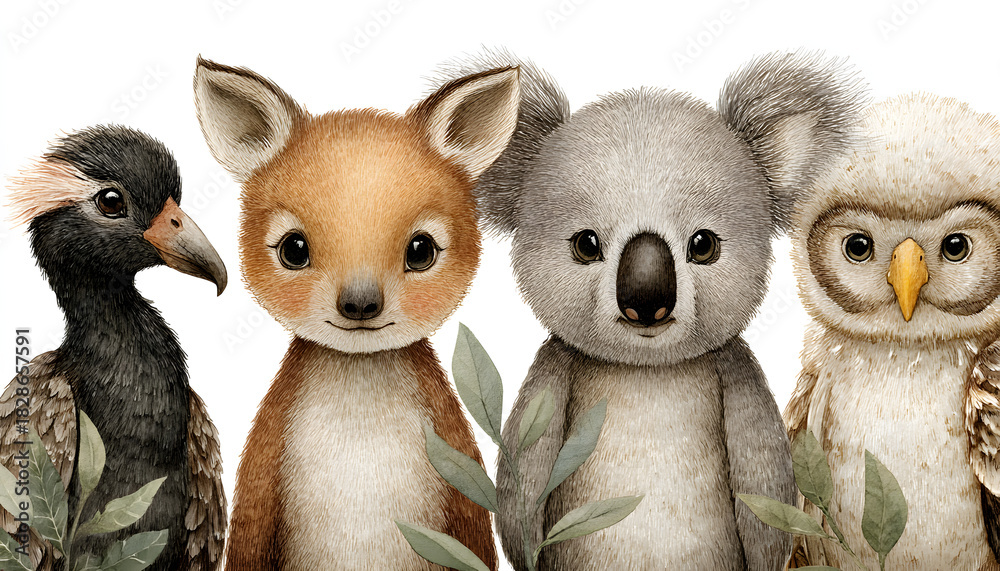 Naklejka premium Watercolor australian cartoon kangaroo ostrich Emu koala and flying fox owl Echidna . Australian Black Swan and numbat Kookaburra cockatoo kids illustration. Nursery. Adorable